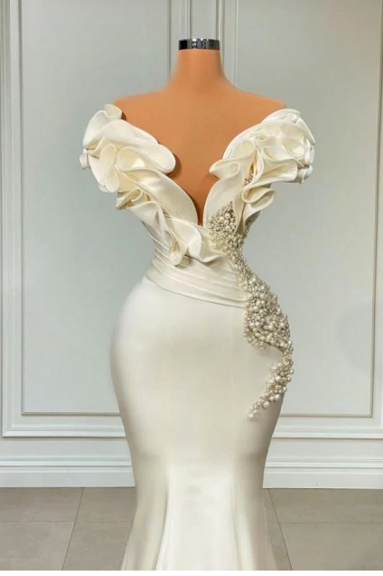 White Long Pearl Ruffle Evening Dresses - View 3 | FashionDia