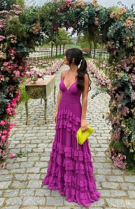 A-line Purple V-neck Long Evening Prom Dress,Spaghetti Straps Prom Dress
