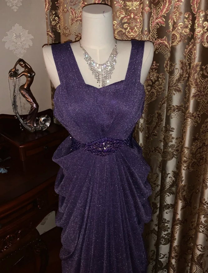 Sparkly Purple Tulle Sequin Beaded Pleated Mermaid Evening Dress Long Birthday Prom Gown - View 3 | FashionDia