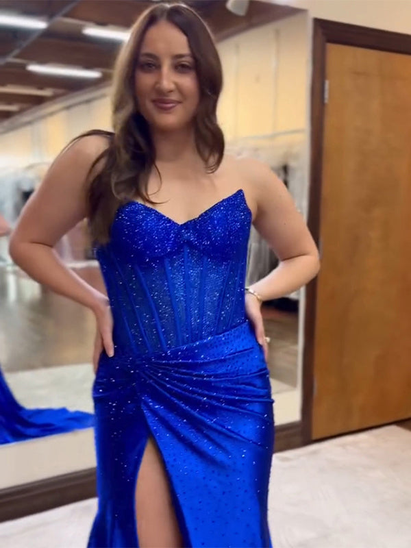 Royal Blue Mermaid Sweetheart Satin Long Prom Dress with Slit - View 2 | FashionDia