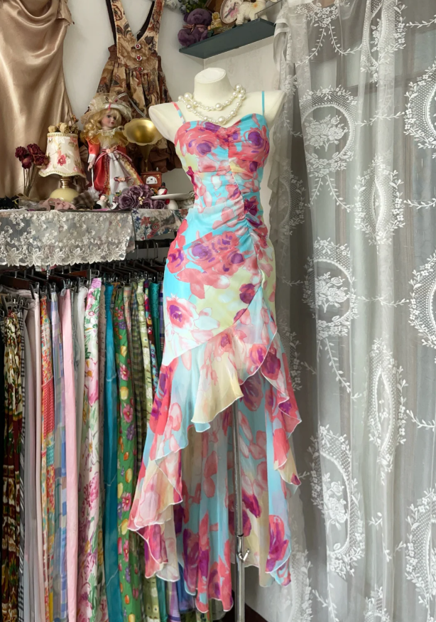 Unique Spaghetti Straps Chiffon Print Floral Ruffles Mermaid Evening Dress Long Birthday Prom Dress