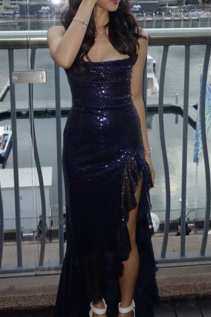 Sparkly Navy Blue Sequin Ruffles Slit Mermaid Evening Dress Long Wedding Guest Dress - FashionDia