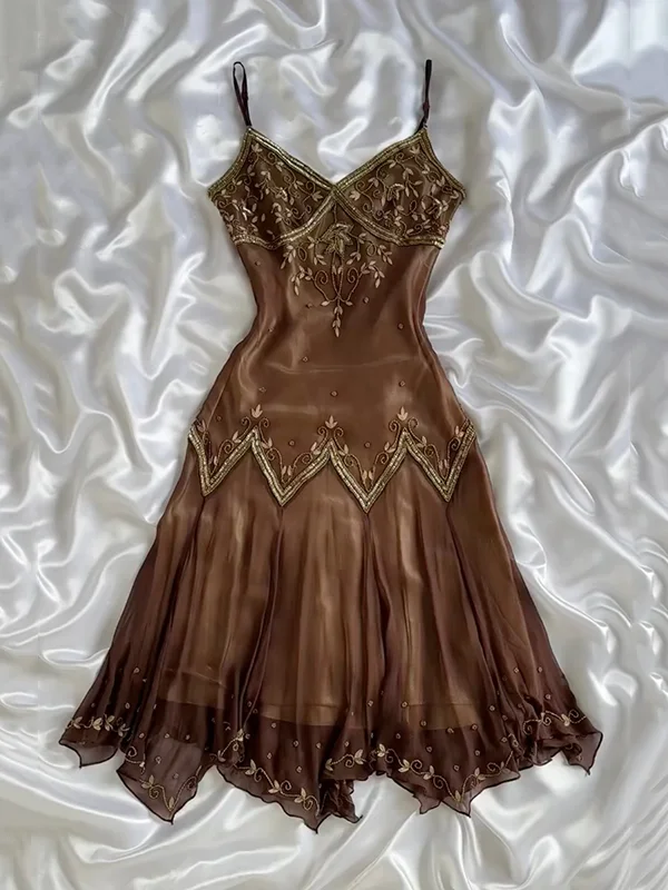 Vintage Spaghetti Straps V-Neck Brown Tulle Beaded Short Prom Dress Formal Homecoming Dress - FashionDia