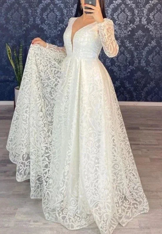 Long Sleeve A Line V Neck Lace Wedding Dress Bridal Gown (ZD13671)