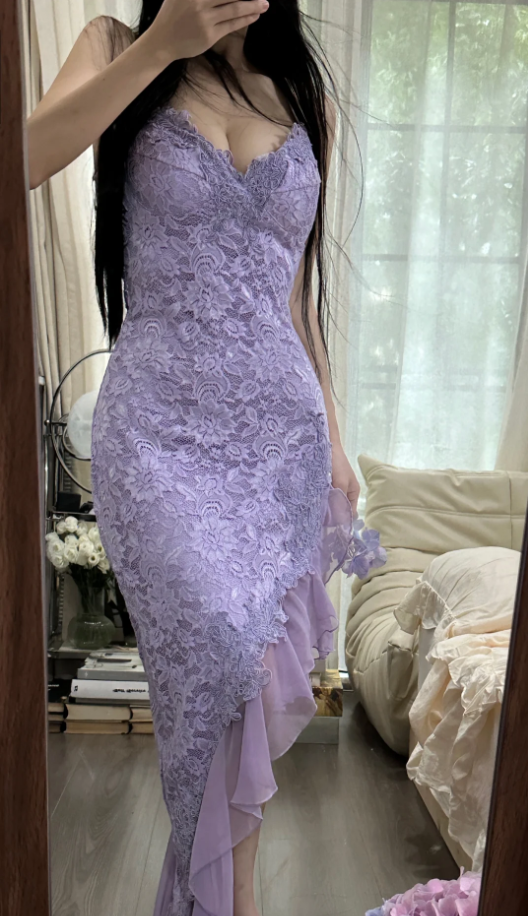 Pretty Spaghetti Straps Lavender V-Neck Lace Chiffon Ruffles Long Party Dress Birthday Dress - View 7 | FashionDia