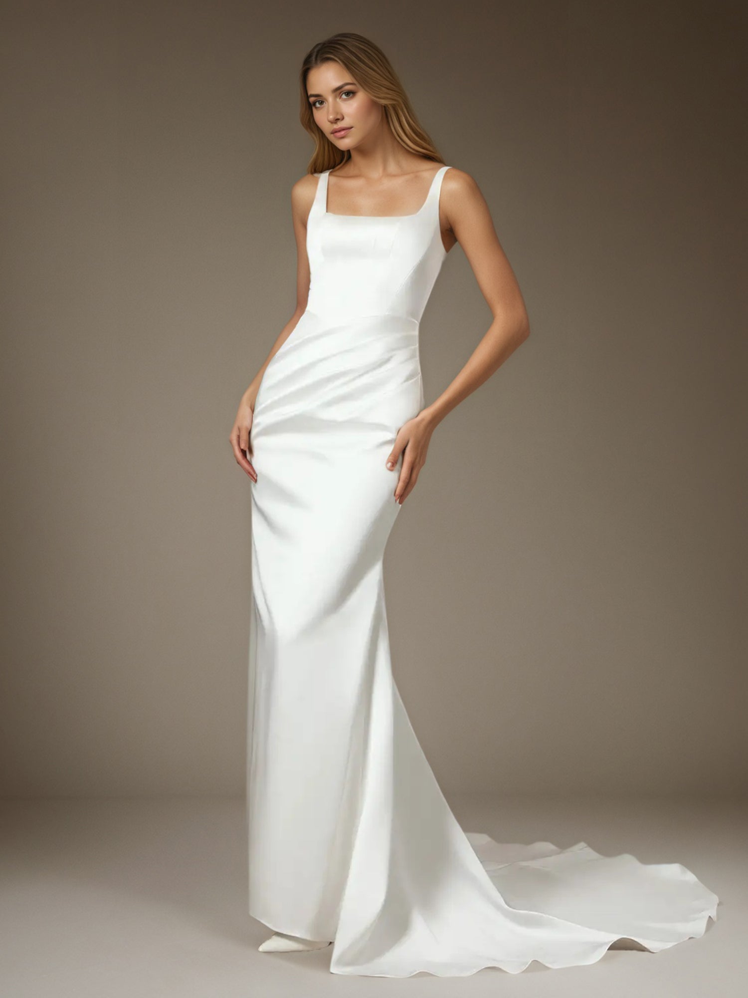 White Mermaid Square Neckline Double Faced Satin Wedding Dress