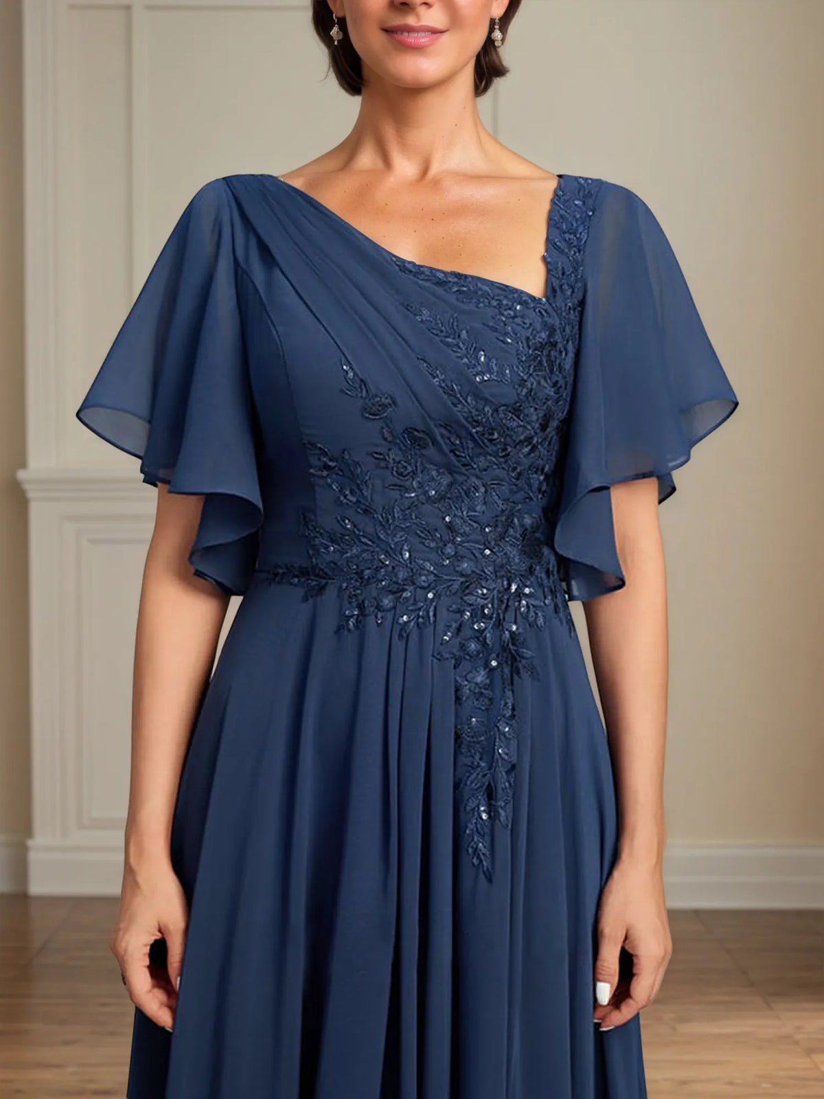 A-Line Asymmetrical Floor-Length Lace Chiffon Mother of the Bride Dress With Pleated Sequins - View 8 | FashionDia