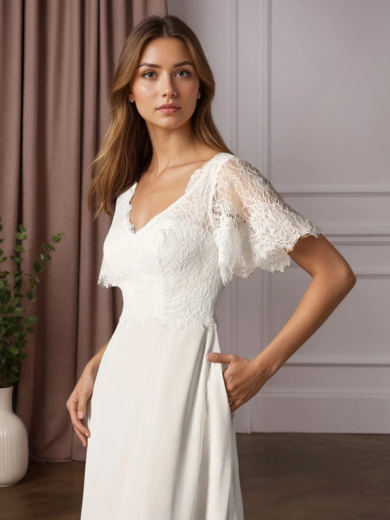 White A-Line V-Neck lace Chiffon Wedding Dress