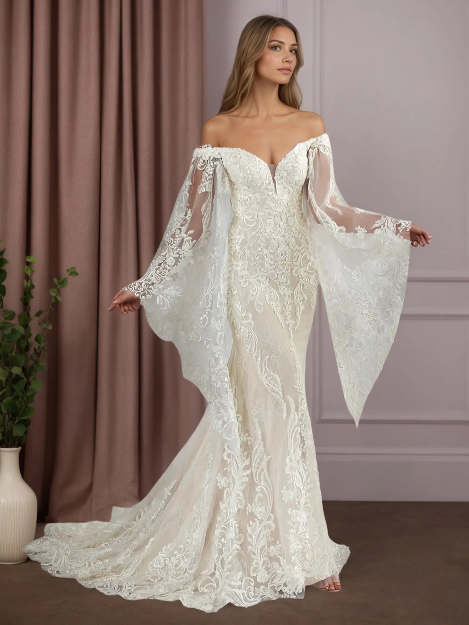 White Champagne Mermaid V-Neck Sequins Lace Wedding Dress
