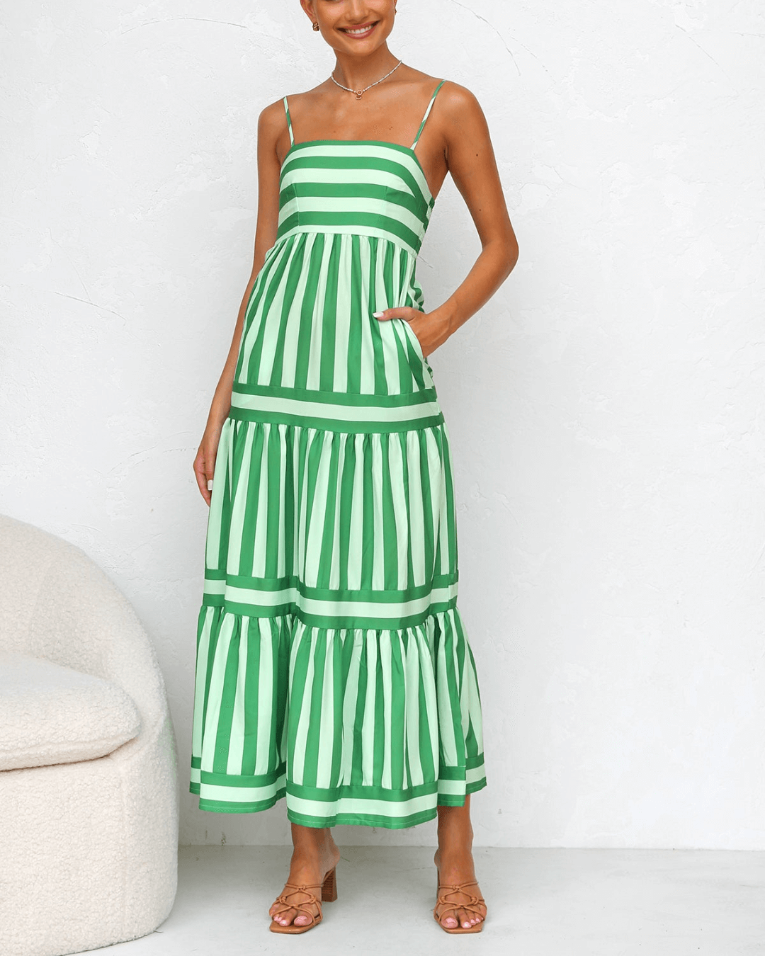 Multi Green Striped Maxi Dress - Fashionpara