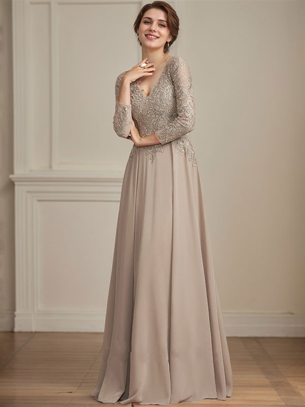 A-line V-Neck Floor-Length Lace Chiffon Mother of the Bride Dress With Sequins - View 7 | FashionDia