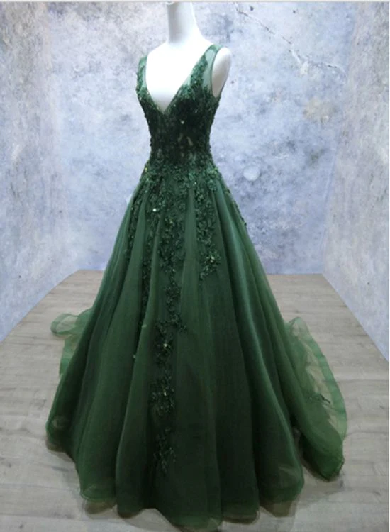 Dark Green V-neckline Lace Applique Low Back Formal Prom Dress - FashionDia