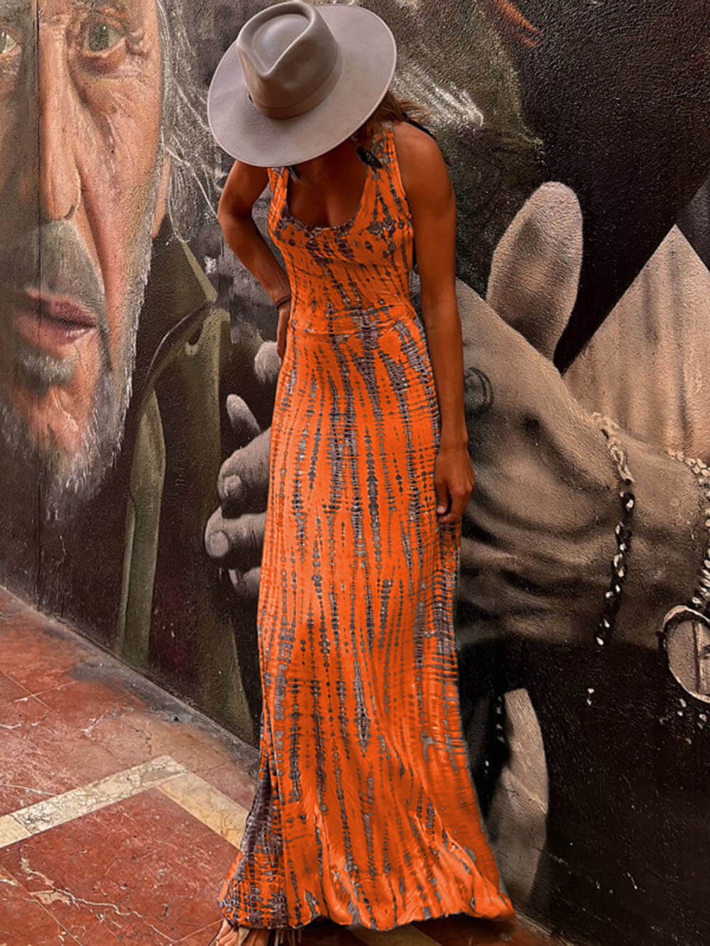 Tie - dye Print Back Lace - up Stretch Maxi Dress