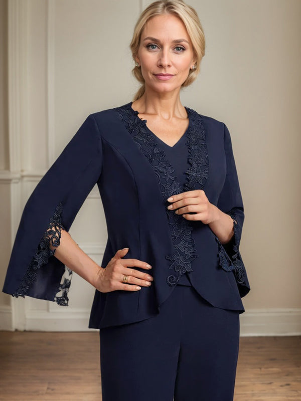 Separates Jumpsuit/Pantsuit V-Neck Floor-Length Chiffon Mother of the Bride Dress - View 5 | FashionDia