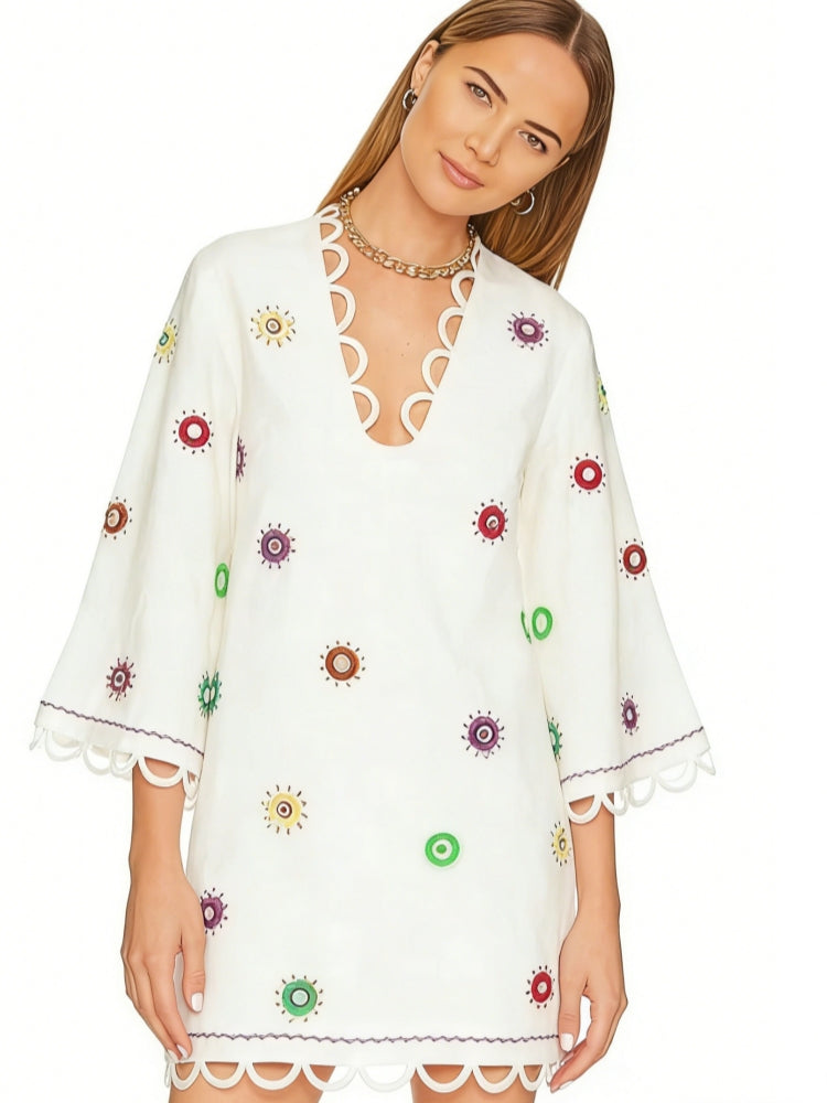 White Embroidered Scalloped Mini Dress