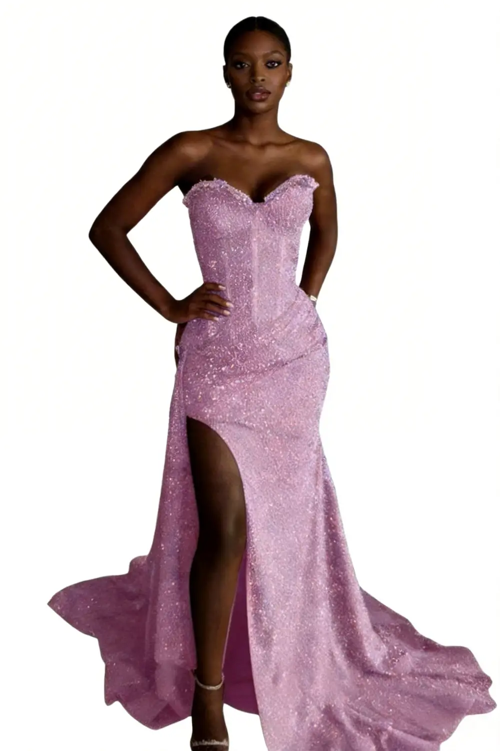 Lavender Sequin Strapless Sweetheart Mermaid Prom Dress with High Slit & Train by tangjianjun