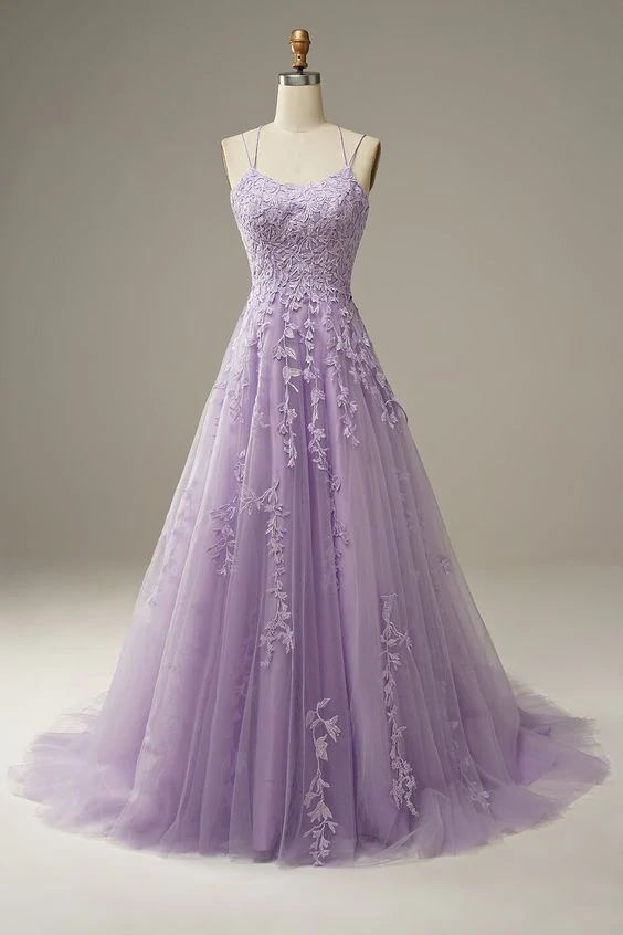 Purple tulle lace long prom dress formal dress - View 4 | FashionDia