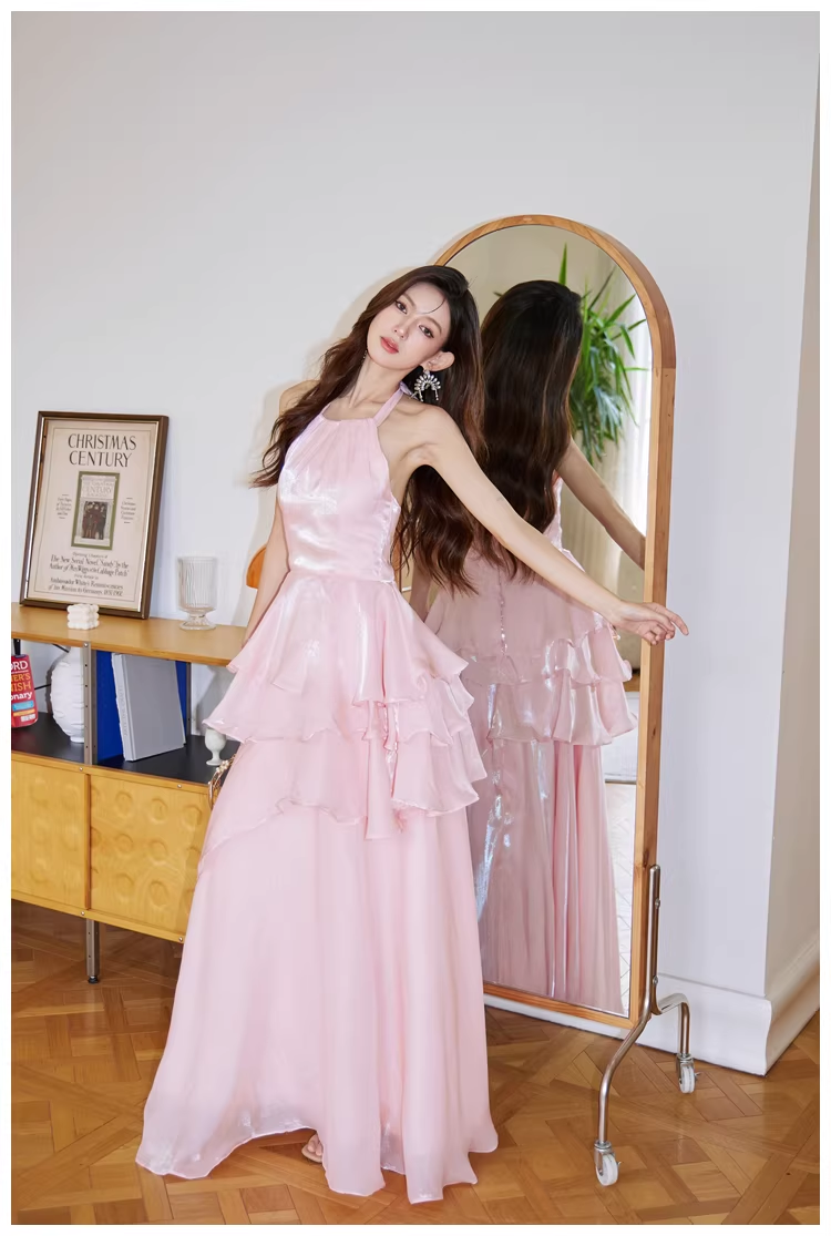 Classy Halter Pink Satin Ruffles Long Birthday Party Dress Evening Dress - FashionDia