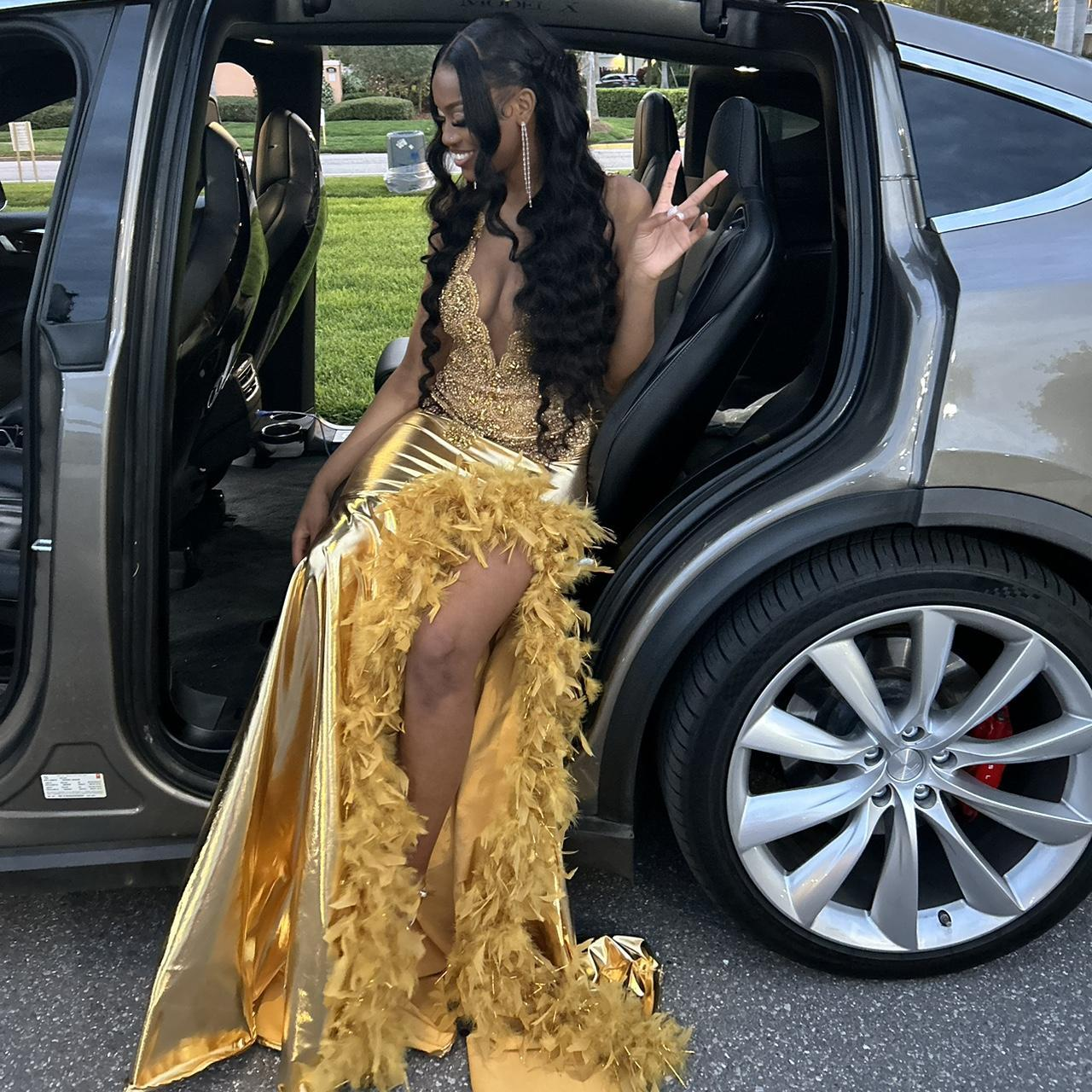 Luxurious Feathers Beaded Mermaid Evening Dress Gold Long Slit Prom Party Dress - View 3 | FashionDia