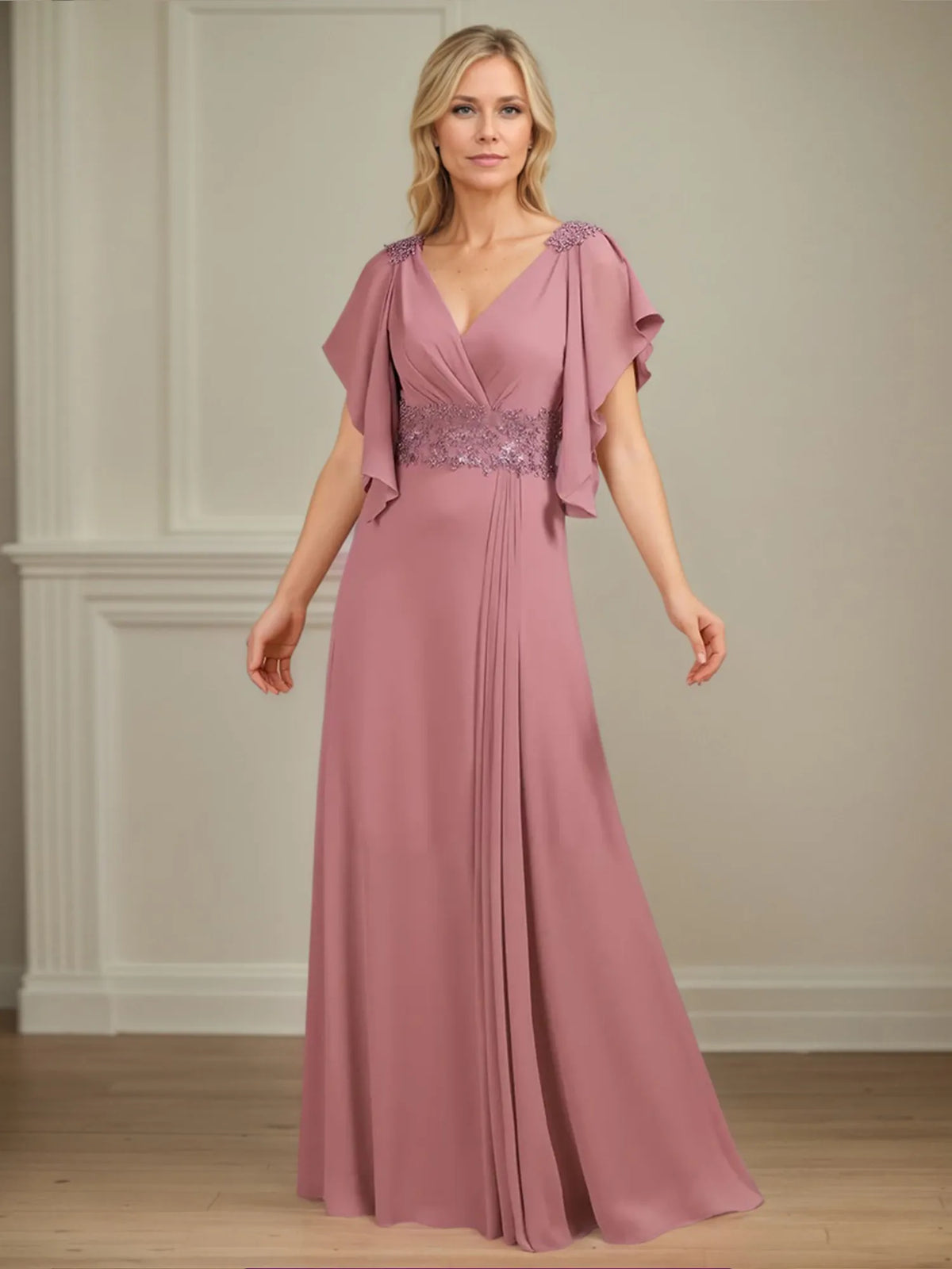 A-Line V-Neck Appliqued Floor-Length Mother of the Bride Dress with Ruffles - View 5 | FashionDia