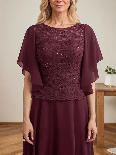 A-line Scoop Illusion Floor-Length Lace Chiffon Mother of the Bride Dress With Sequins - View 5 | FashionDia