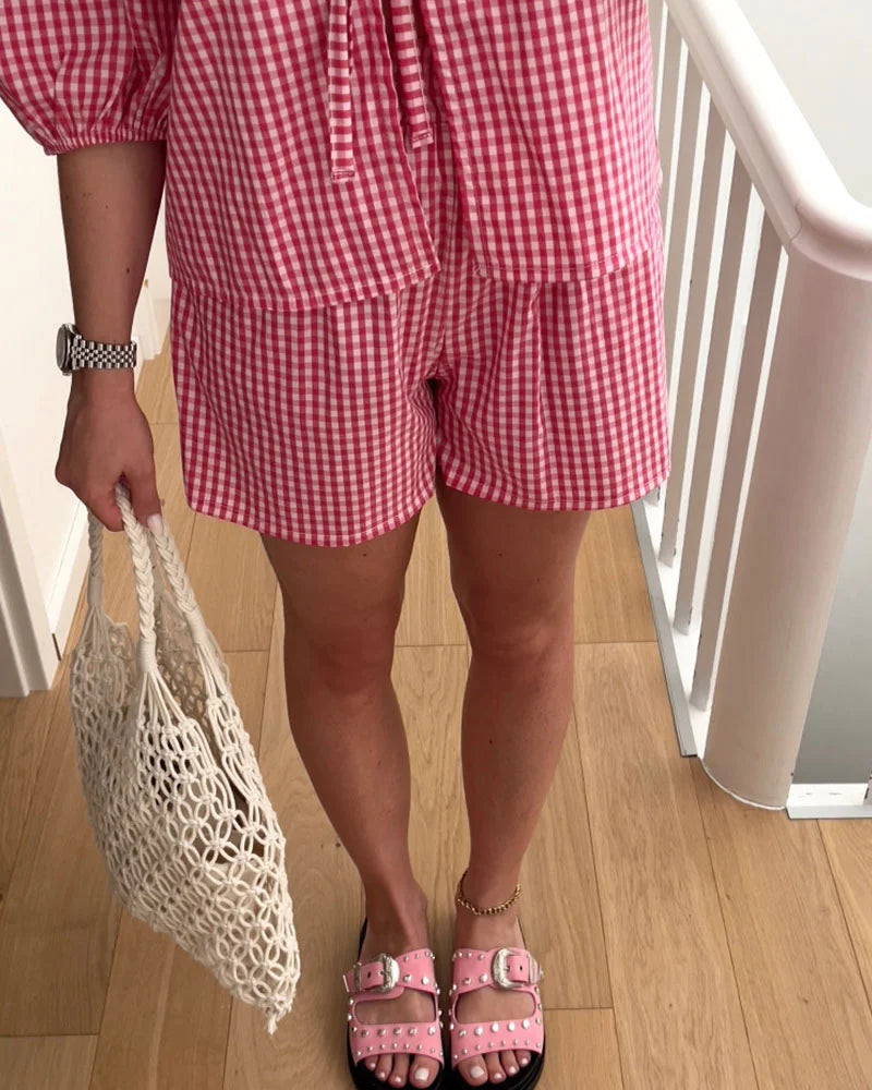 Women's lace-up plaid casual two-piece set - Fashionpara