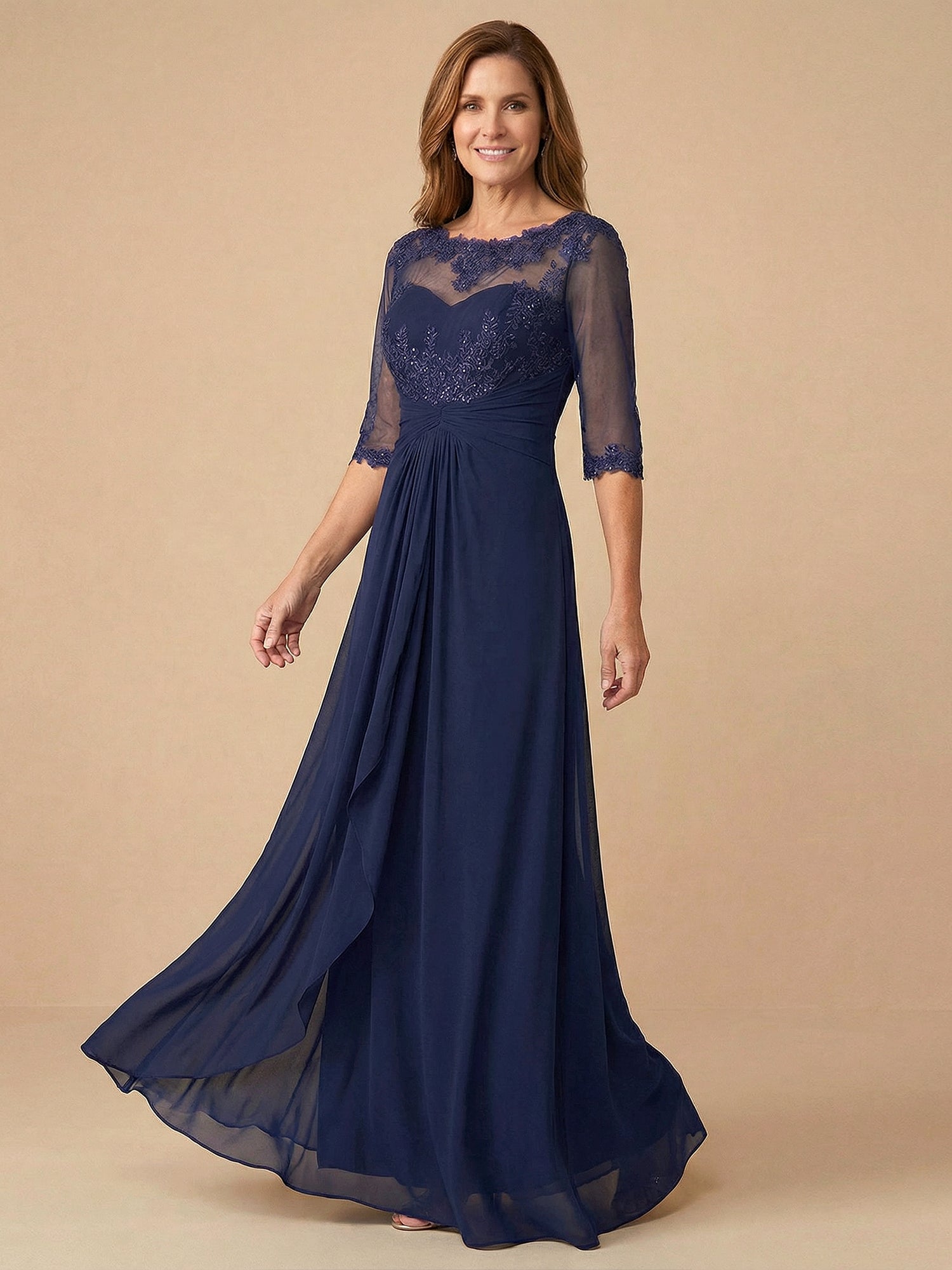 Half Sleeves Lace Applique Scoop Neck Chiffon Mother of the Bride Dress