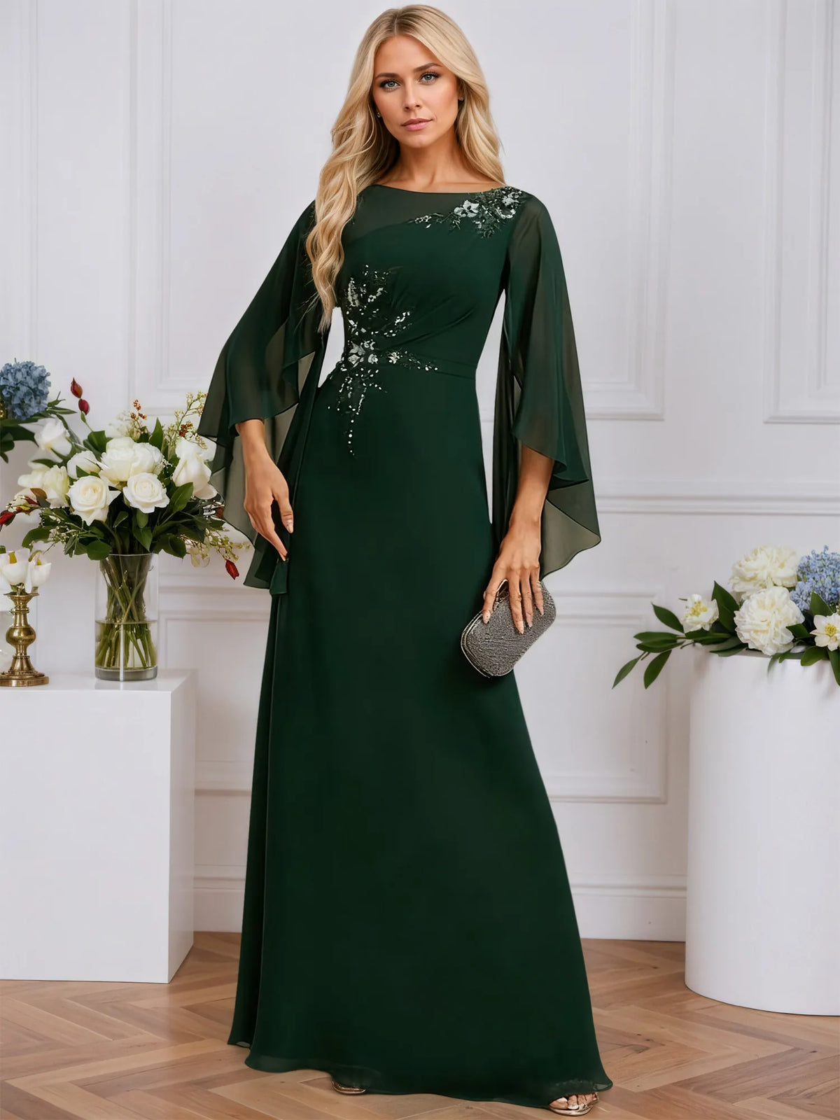 A-line Boat Neck Illusion Floor-Length Chiffon Evening Dress With Sequins Appliques Lace Pleated - FashionDia