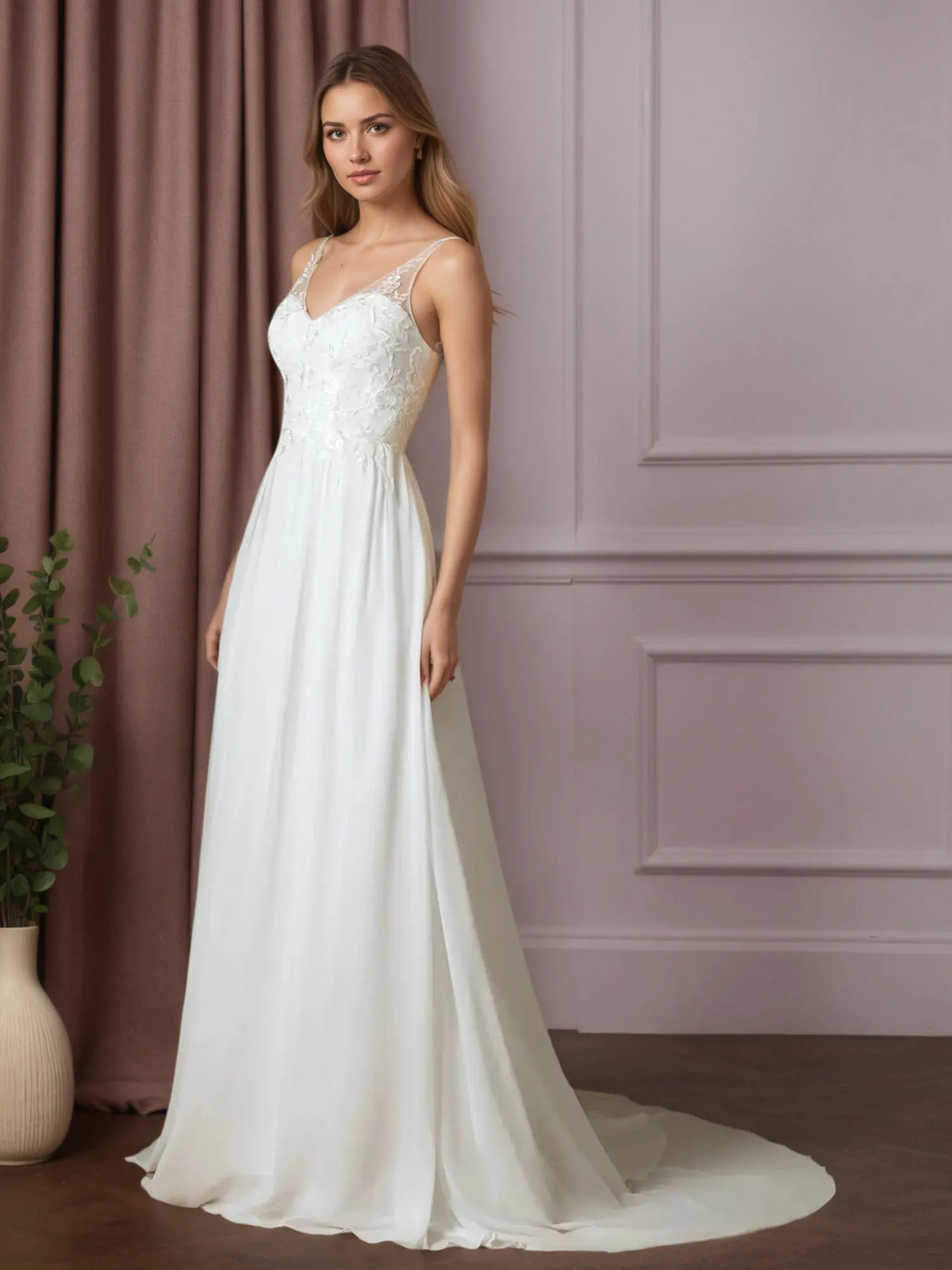 White A-Line Sequins Chiffon Wedding Dress - View 4 | FashionDia