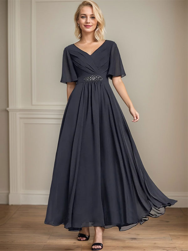 A-line V-Neck Ankle-Length Chiffon Mother of the Bride Dress With Pleated Beading Sequins - View 5 | FashionDia