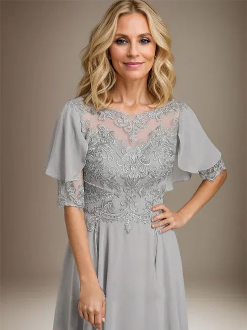 A-line Scoop Illusion Asymmetrical Chiffon Lace Mother of the Bride Dress With Beading - View 5 | FashionDia