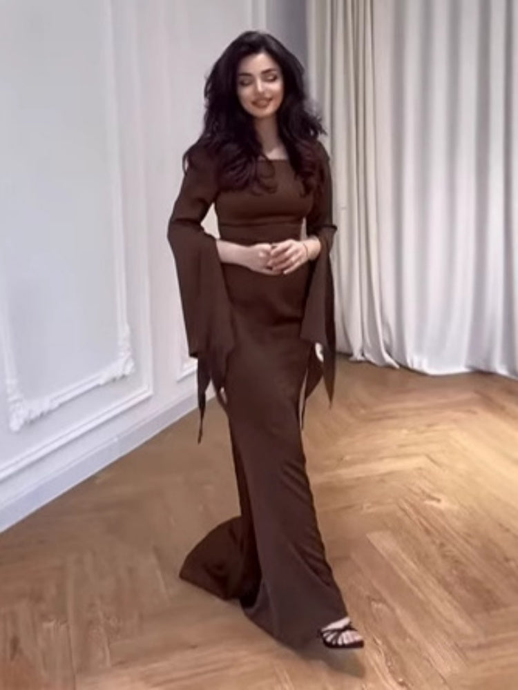 Brown Batwing Sleeve Robe Dress