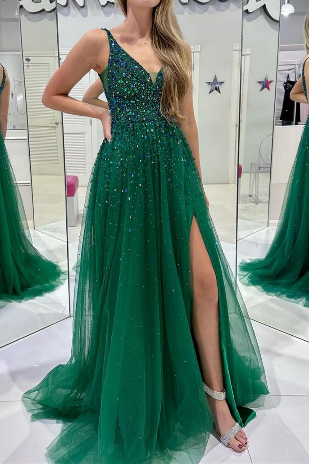 Bling A-Line V-Neck Dark Green Long Prom Dress with Beading - FashionDia