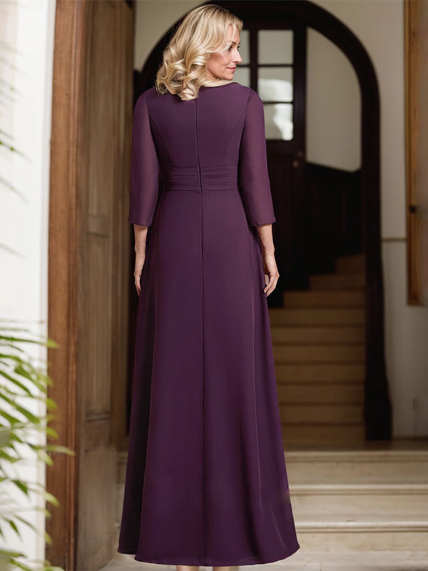 A-line V-Neck Floor-Length Chiffon Mother of the Bride Dress With Pleated Beading - View 6 | FashionDia