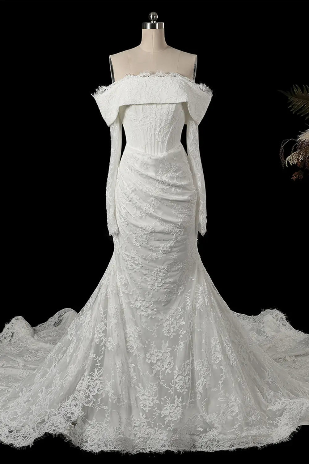 White Long Sleeve Corset Mermaid Bridal Gown with Cathedral Train ZP209