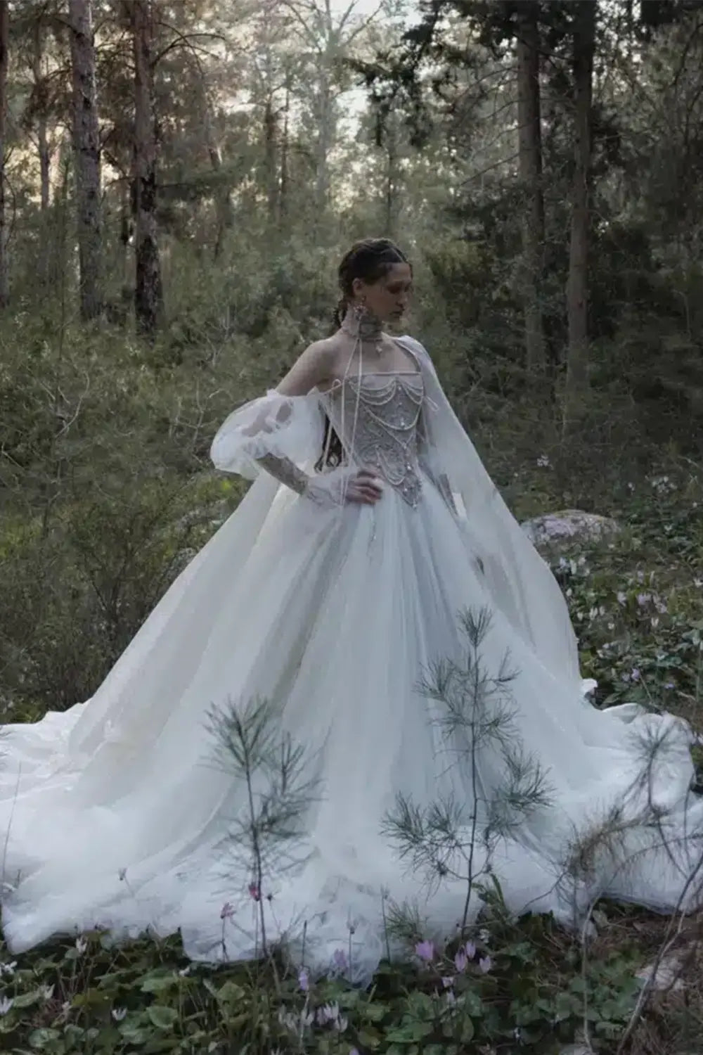 White Draped Pearl Tulle Ball Gown Bridal Dress with Puff Sleeves ZP205 - View 5 | VelvetHem