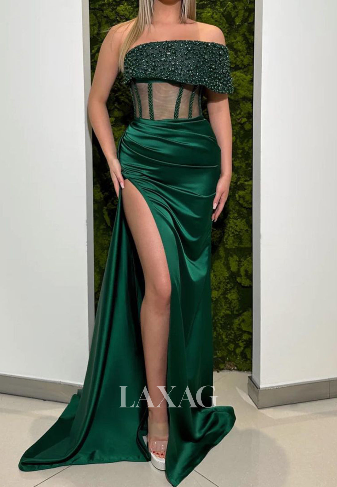 Off-Shoulder Tube Top Beaded Pleated Satin Party Gowns Sleeveless High Slit Mermaid Prom Dress