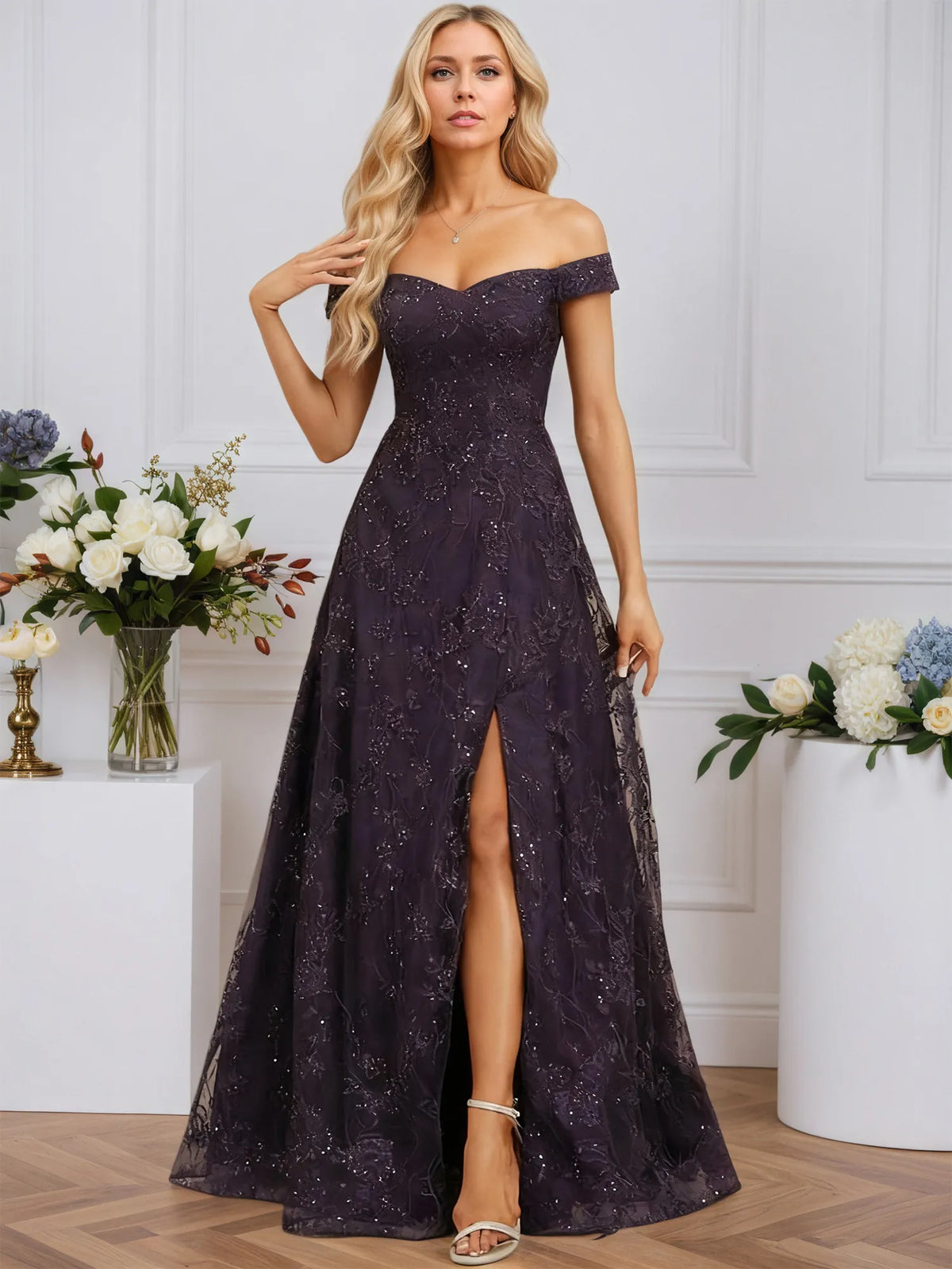 A-Line Off-the-Shoulder Floor-Length Sequin Lace Evening Dress - FashionDia