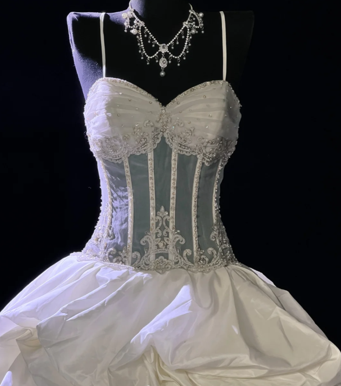 Pretty Spaghetti Straps Tulle Satin Pleated Beaded White Formal Wedding Dress - View 3 | FashionDia