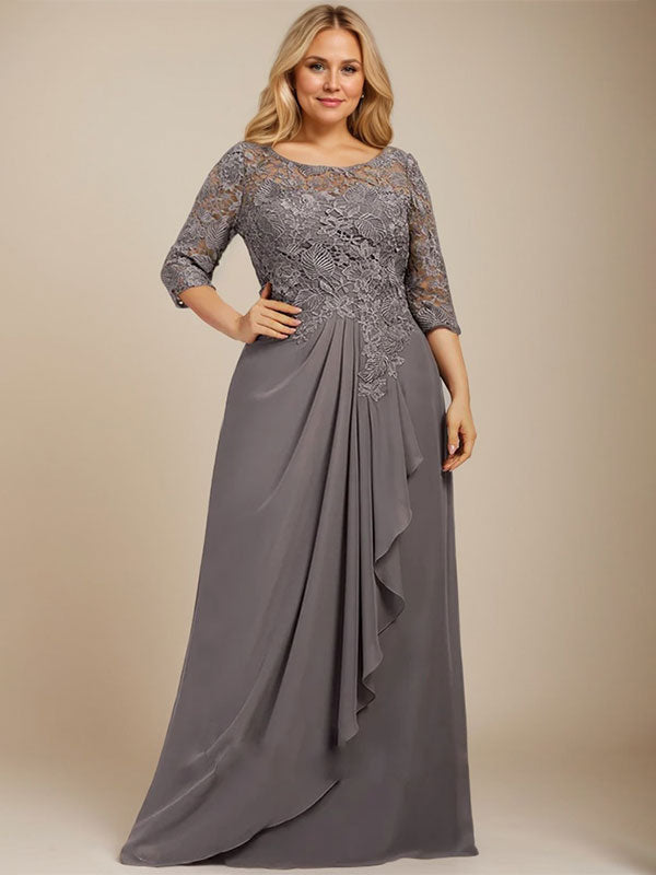 A-line Scoop Illusion Floor-Length Lace Chiffon Mother of the Bride Dress With Cascading Ruffles - View 5 | FashionDia