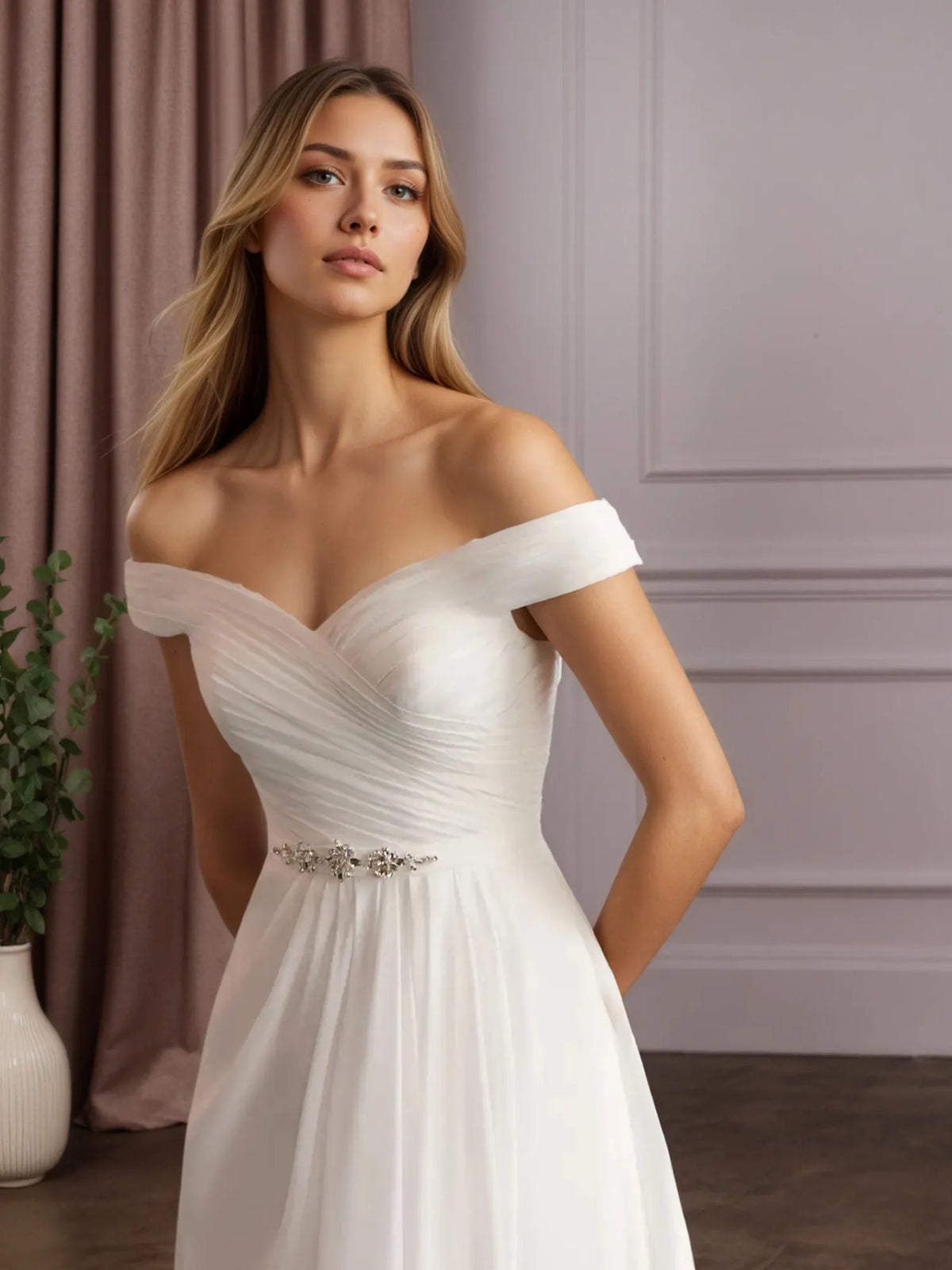 White A-Line Off-the-Shoulder Sequins Chiffon Wedding Dress - View 5 | FashionDia