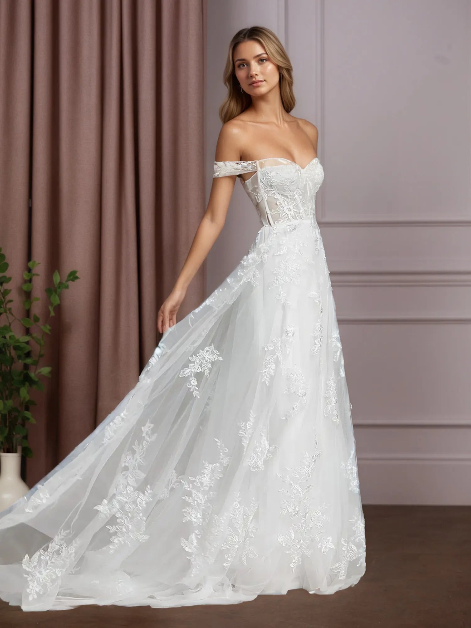 White A-Line Sequins Tulle Wedding Dress - View 4 | FashionDia
