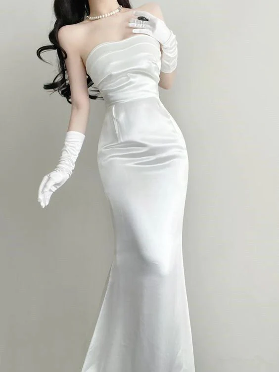 Elegant White Satin Strapless Mermaid Evening Dress Long Party Dress With Gloves - View 2 | FashionDia