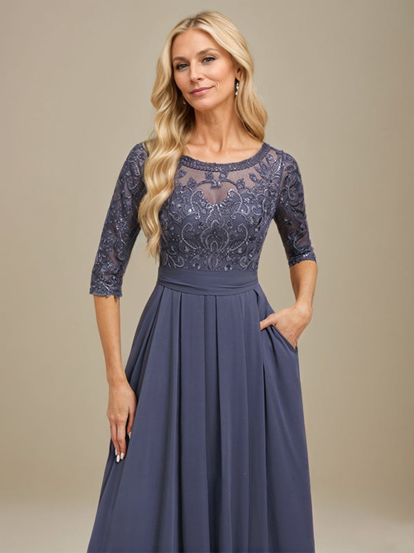 A-Line Scoop Floor-Length Lace Chiffon Mother Of the Bride Dress With Sequins Applique - View 5 | FashionDia