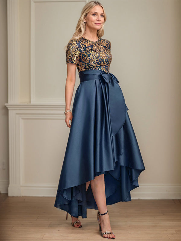 A-line Scoop Asymmetrical Satin Sequin Lace Mother of the Bride Dress With Bow - View 5 | FashionDia