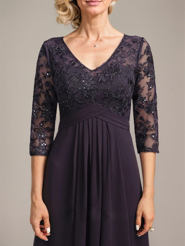 A-line V-Neck Floor-Length Lace Chiffon Mother of the Bride Dress With Cascading Ruffles Sequins - View 4 | FashionDia