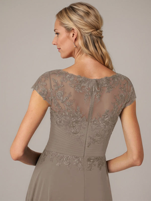 A-line Boat Neck Illusion Asymmetrical Chiffon Lace Mother of the Bride Dress With Applique Pleats - View 5 | FashionDia