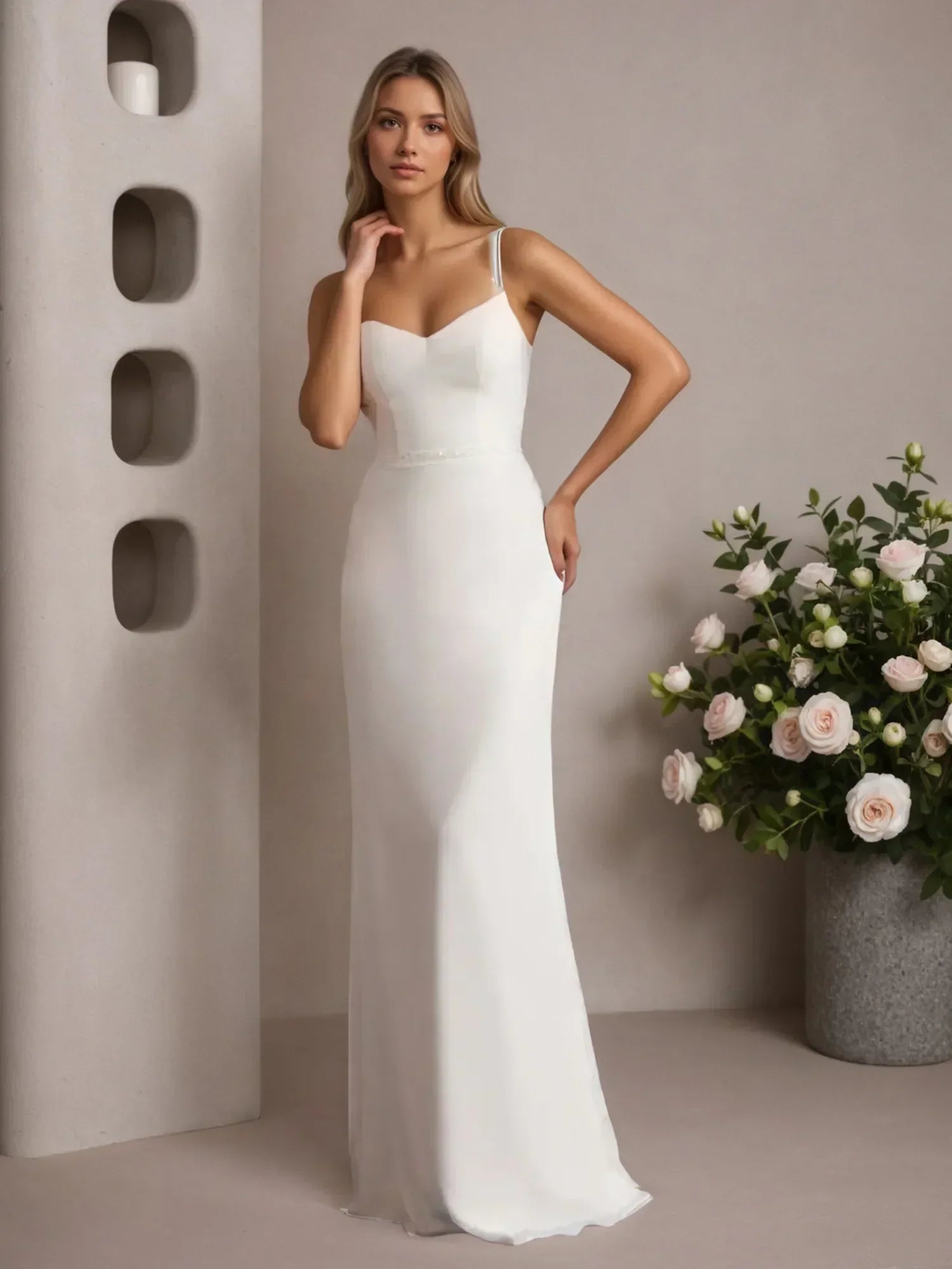 White Sheath V-Neck Chiffon Wedding Dress