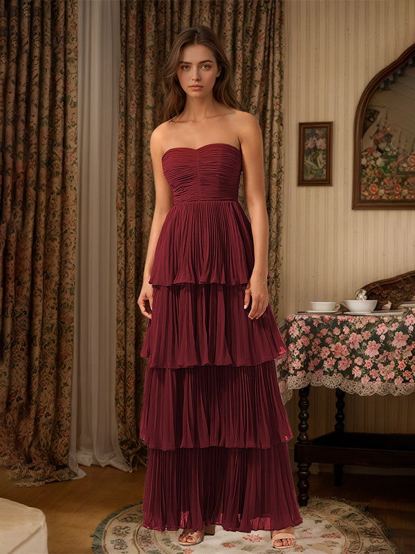 Burgundy A-Line Sweetheart Floor-Length Tiered Chiffon Bridesmaid Dress - View 5 | FashionDia