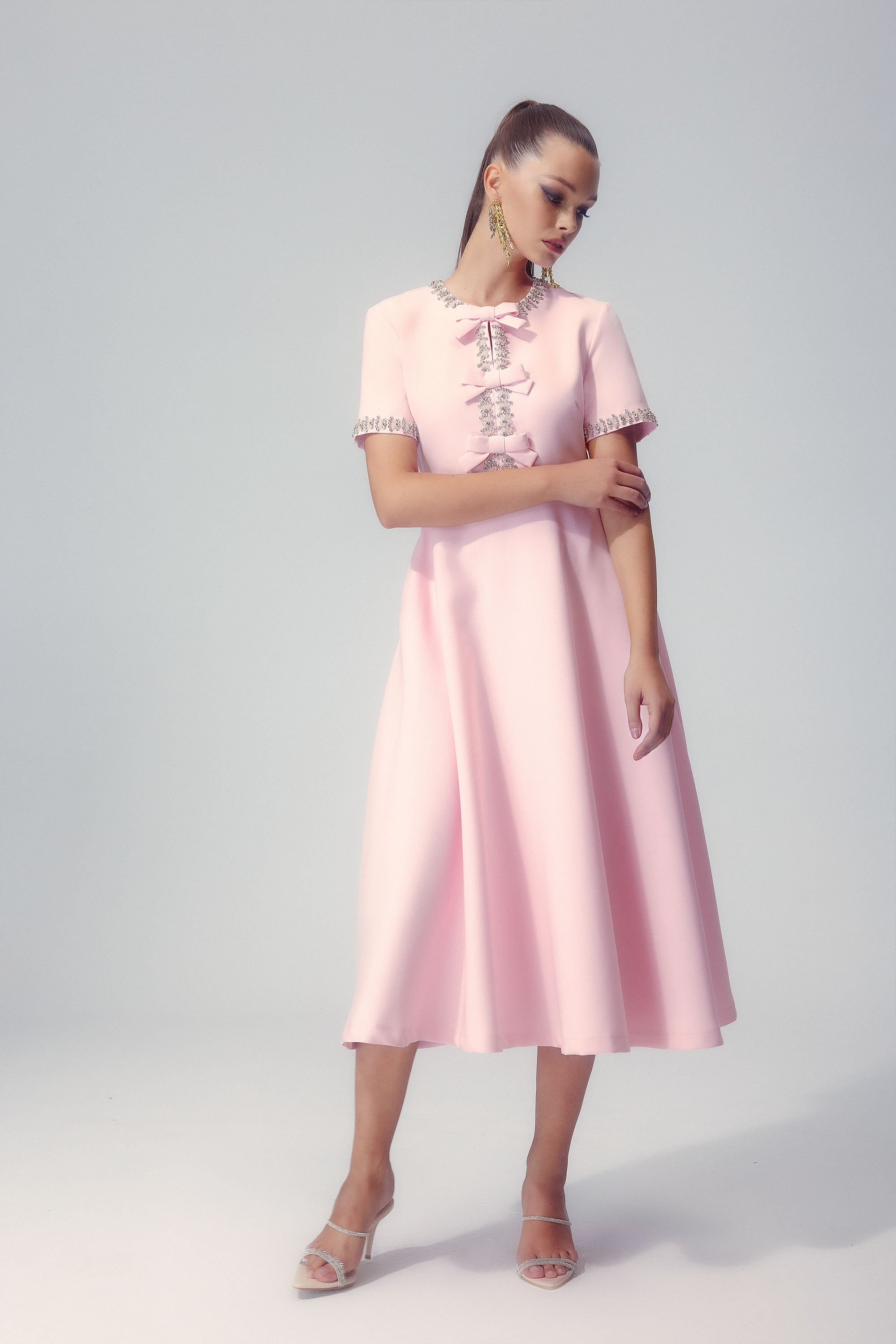 Minimalist Mercedes Midi Dress with Bow and Crystal Embellishment Chic Silhouette Collection
